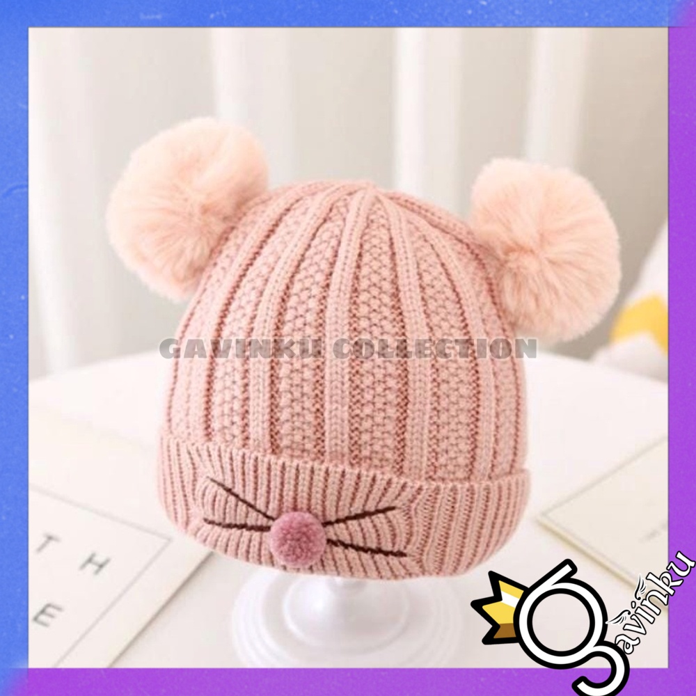 Topi Anak Laki Laki Perempuan Kupluk Bayi Model Pompom Cat Usia 0 3 6 bulan umur 1 2 3 Tahun thn Motif Kucing Kelinci Karakter Lucu Rajut Musim Dingin