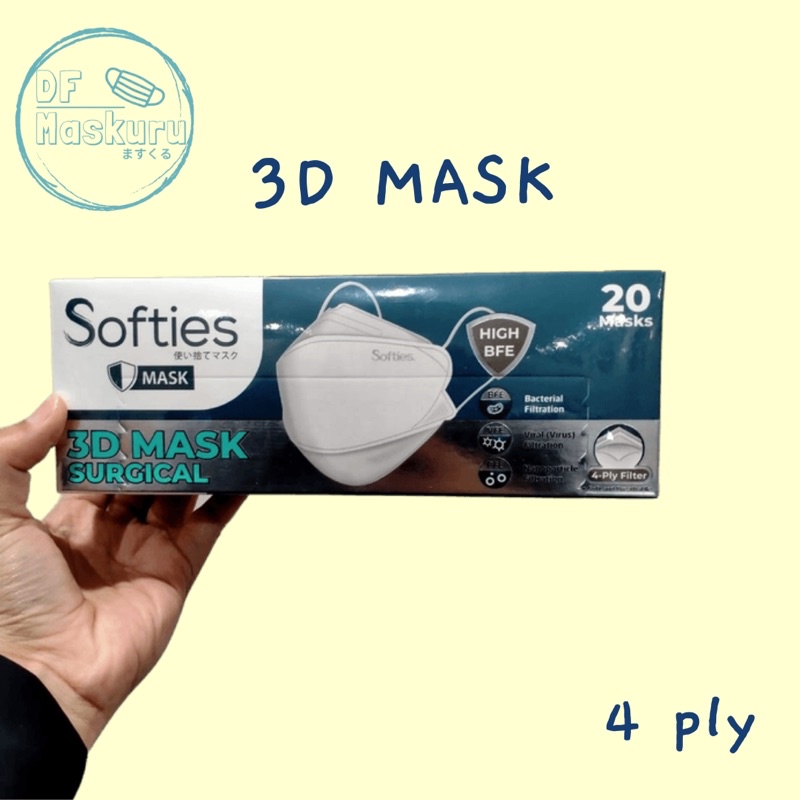 Softies 3D Surgical Mask 4 Ply | Masker Earloop KF94 4 Ply BLACK/WHITE