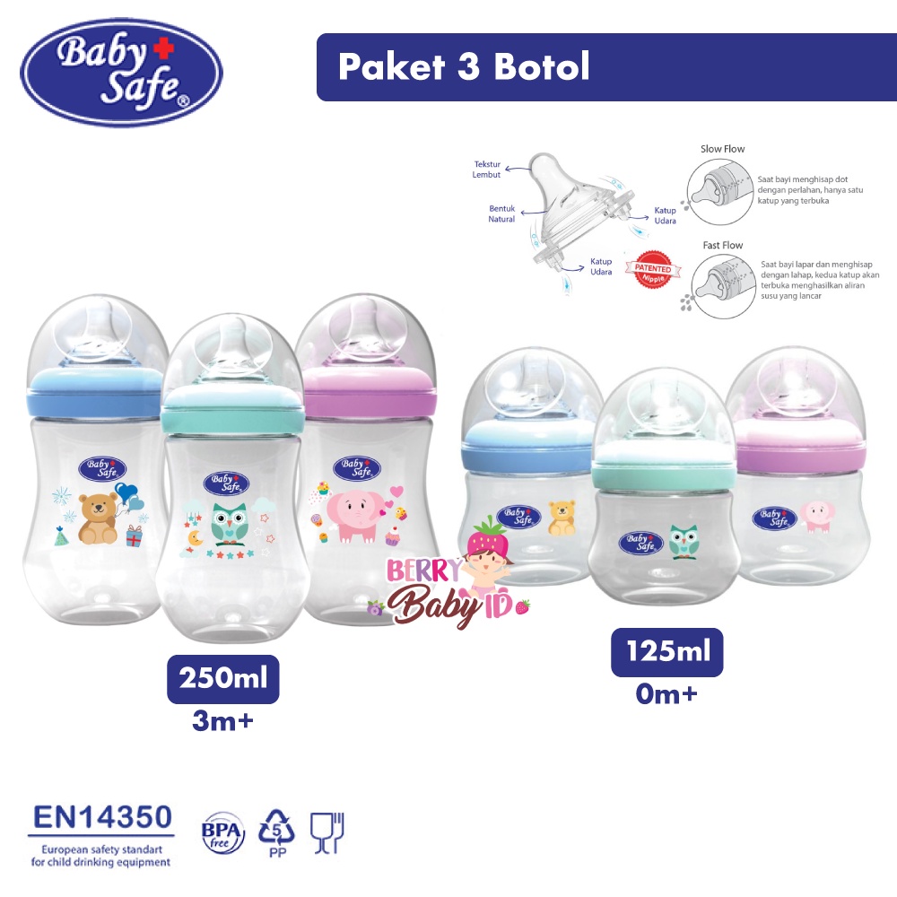 Baby Safe Bottle Set 3pc Botol Susu Bayi Wide Neck 125ml 250ml 0m+ 3m+ Berry Mart