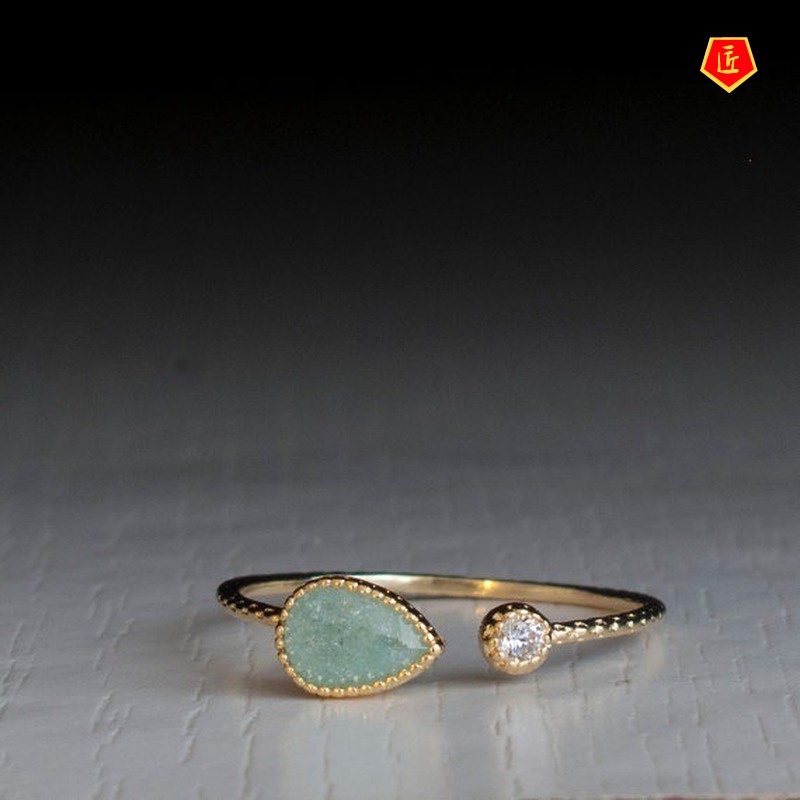 [Ready Stock]Simple Elegant Inlaid Green Gemstone Ring 18K Gold