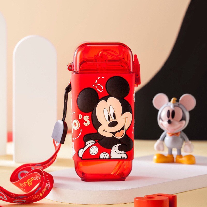 DISNEY Botol Minum Anak Unik dengan tali dan sedotan /  ORIGINAL Disney water bottle Elsa Mickey donald Cars / Botol Minum Anak disney-Mickey merah