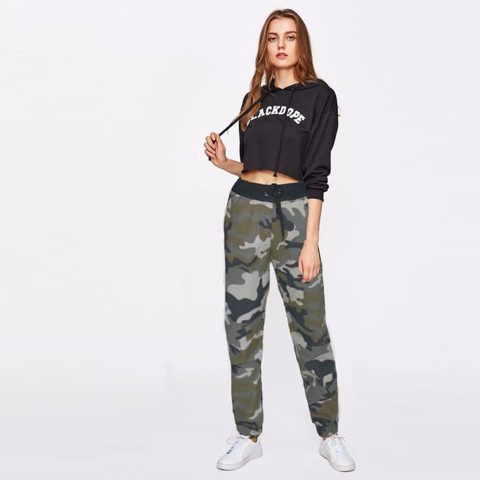 TINA Celana Joger Panjang Sweatpants Wanita Motif Loreng Army - Hijau, L Termurah