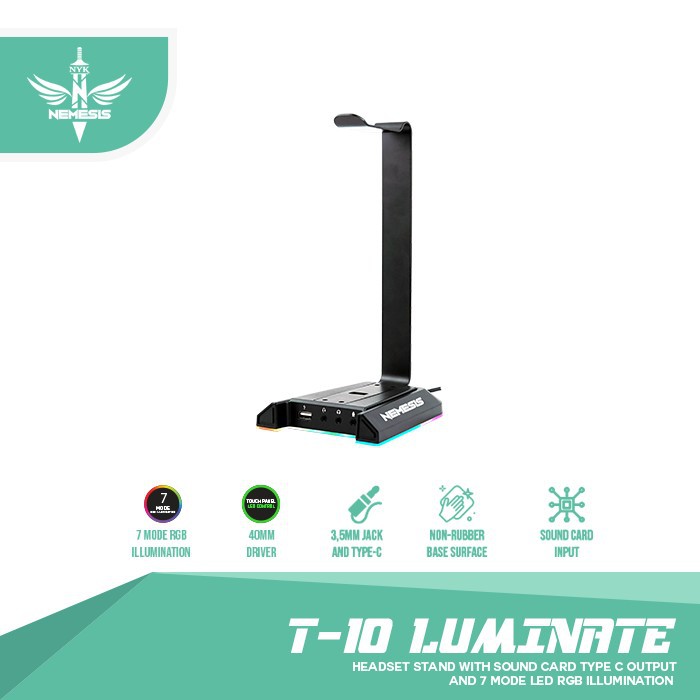 Headset stand Nyk RGB with 3.5mm 2 audio 1 mic Sound 7.1 &amp; Usb hub 2 port T-10 Luminate - Cradle T10