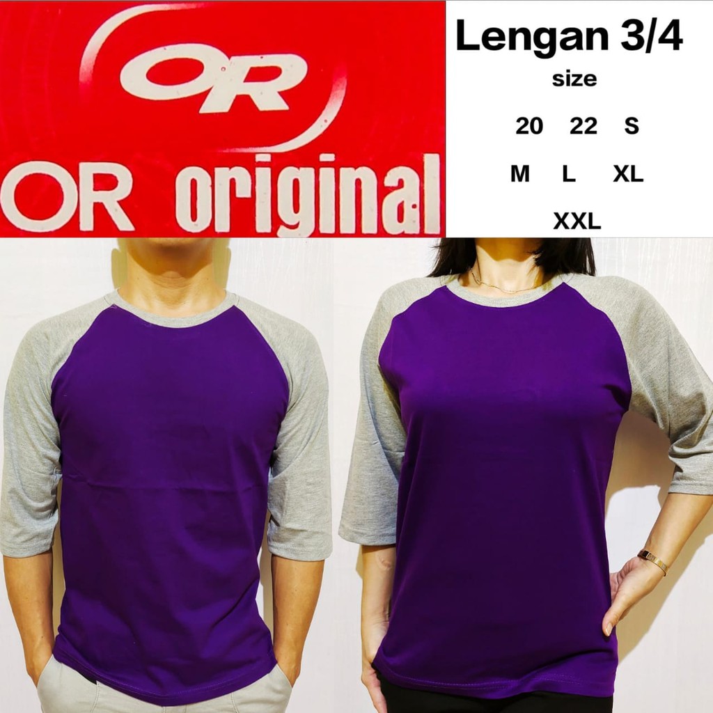 kaos polos reglan ungu lengan abu misty 3/4 20 22 S M L XL XXL