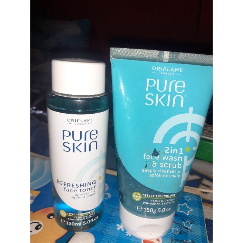 oriflame original pure skin refreshing face toner (150ml) + pure skin face wash & scrub #preloved