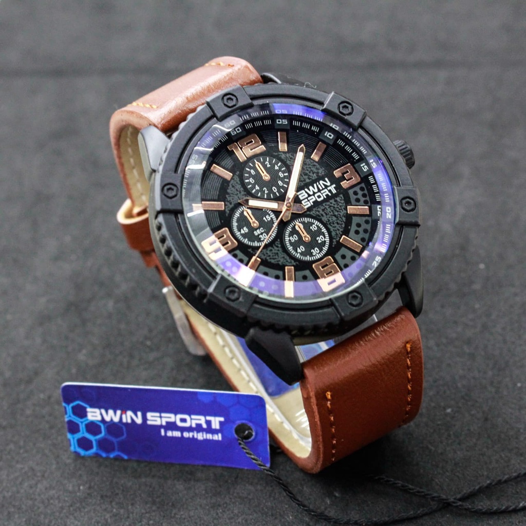 JAM TANGAN PRIA KULIT BWIN SPORT ORIGINAL/ TYPE B505 D = 47mm/ JAM TANGAN KULIT TEBAL/KACA TEBAL/ JAM TANGAN BWIN ANALOG TIME/JAM TANGAN BW505