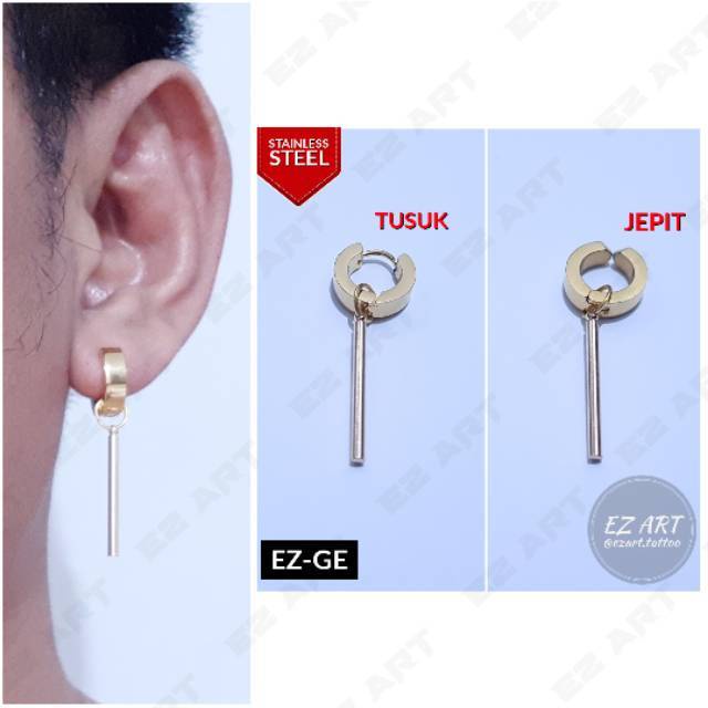 1Pc Model EZ-GE Gold Emas Stick Silinder Anting Pria dan Wanita Jepit Tusuk Variasi Bandul