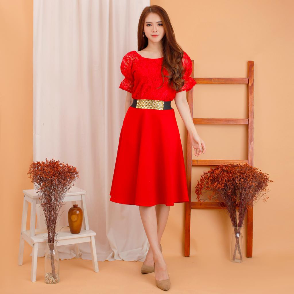 Kathryn collection #144 , DRES ROK MEKAR SCUBA IMPORT PREMIUM KOMBINASI BRUKAT GLITER FREE BELT