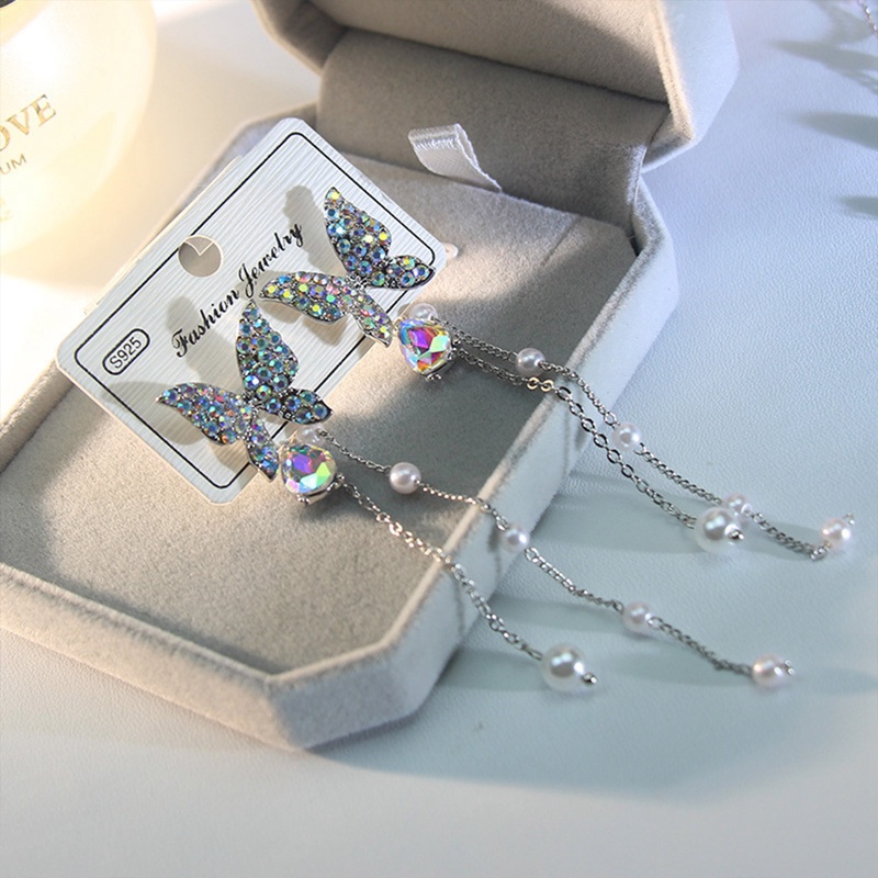 Anting Giwang Elegan Gaya Korea Model Kupu-Kupu Dengan Mutiara + Berlian Imitasi Untuk Wanita