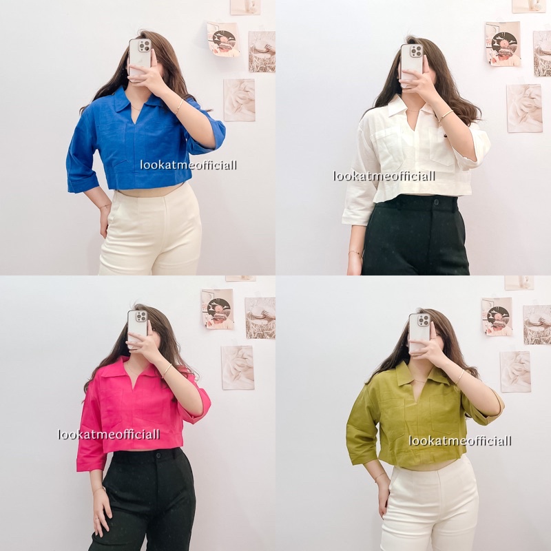 lookatmeofficial • Atasan Blouse Jessica Oversize Crop Shirt - Kemeja Crop Bahan Linen Oversize