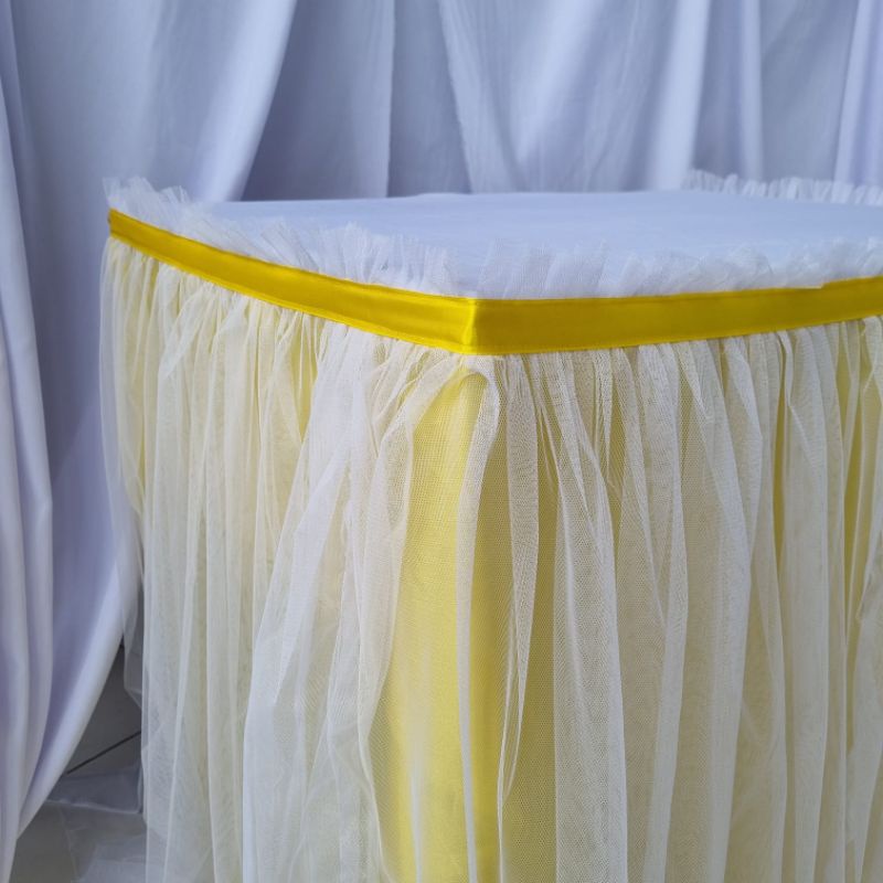 Dekorasi meja ultah prasmanan gorden Hordeng gordeng rok tulle tile