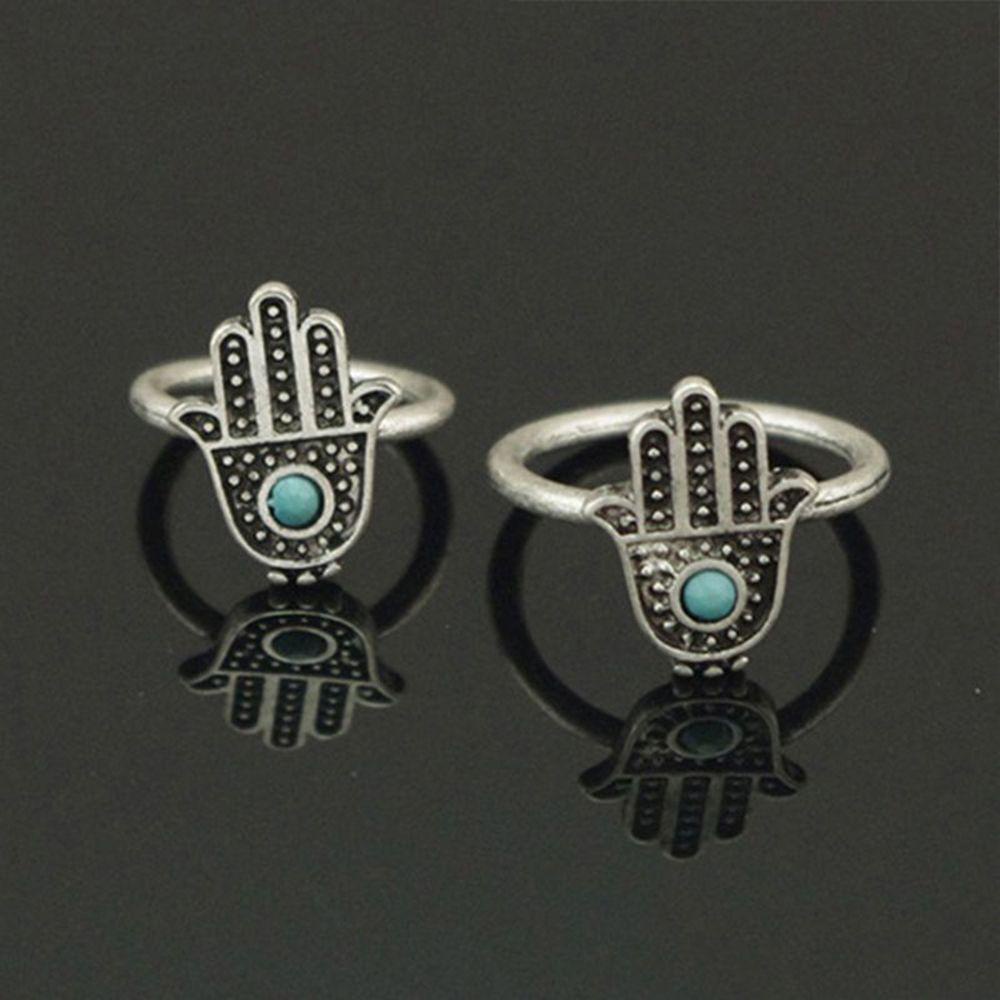 NEEDWAY Perhiasan Populer Elegan Boho Silver Blue Bead Hand of Fatima Finger Retro Cincin Mata Biru