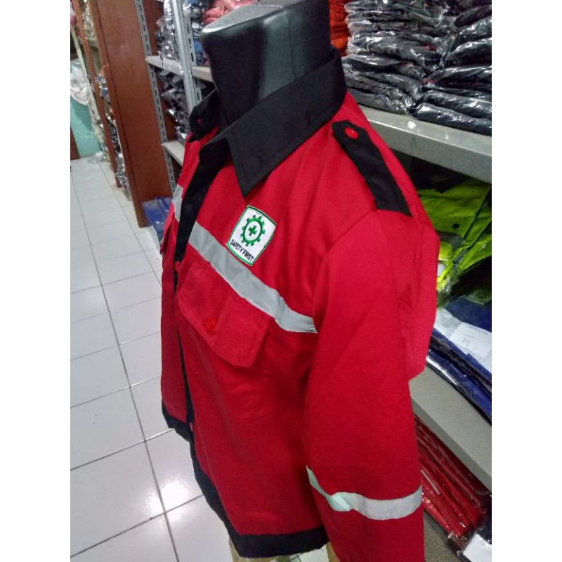 SERAGAM BAJU SAFETY MERAH LIST HITAM FREE LOGO K3 BENDERA KAIN DRILL TEBAL ADEM PREMIUM KANCING