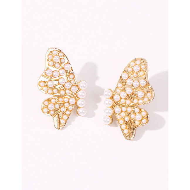 LRC Anting Tusuk Fashion Diamond Pearl Alloy Butterfly Earrings K25807