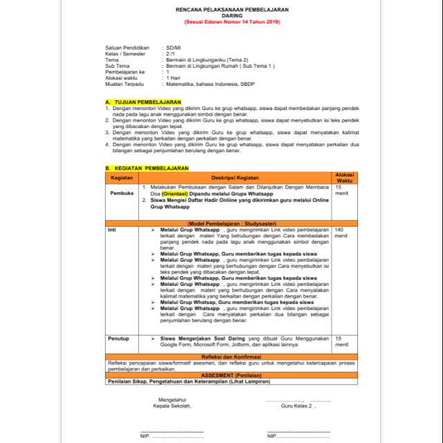 RPP DARING TEMATIK KELAS 2, REVISI 2020