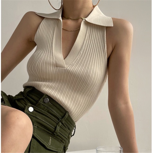 【Elegant】Summer  Knitting Halter Neck Sleeveless V-Neck Top 7496