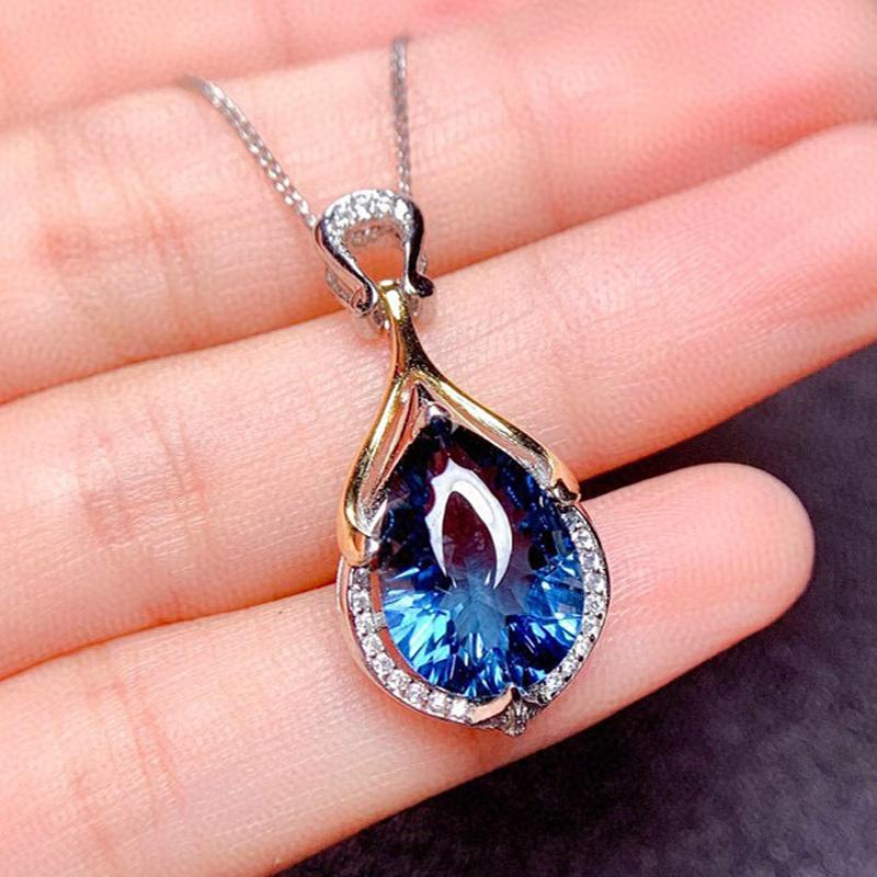 Kalung Rantai Liontin Kristal Biru Bentuk Tetesan Air Bahan Metal Lapis Silver Untuk Wanita