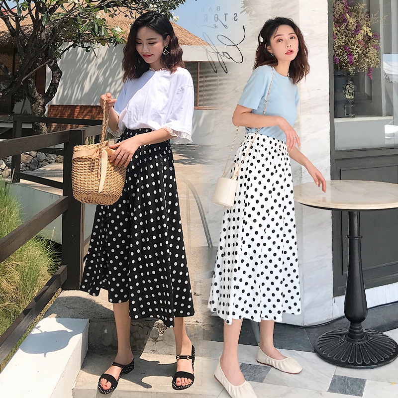 Korean Midi skirt polkadot Rok span Gaya korea Rok hitam