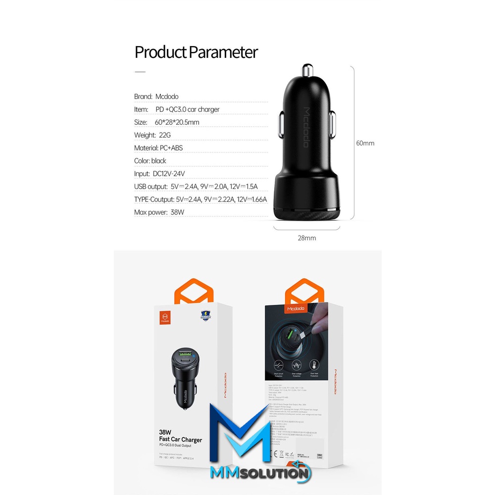 MCDODO CC-5970 Car Adaptor Charger Dual Output PD + QC 3.0 38W