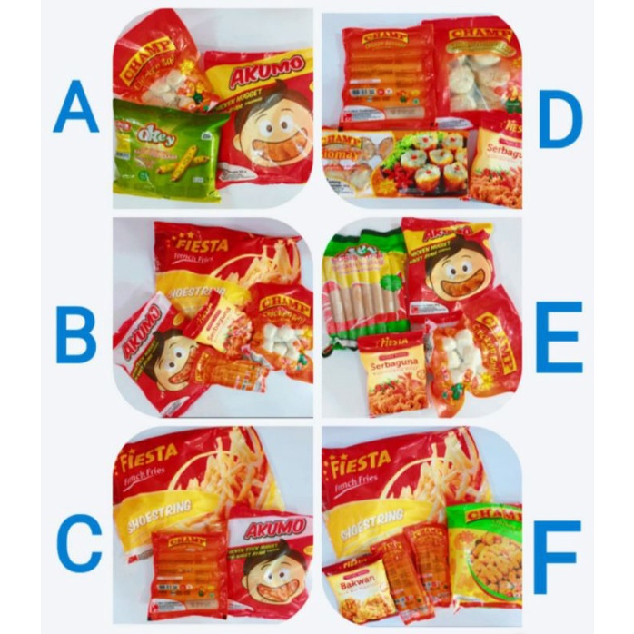 Sosis champ, nugget, siomay, okey, kentang fiesta, akumo