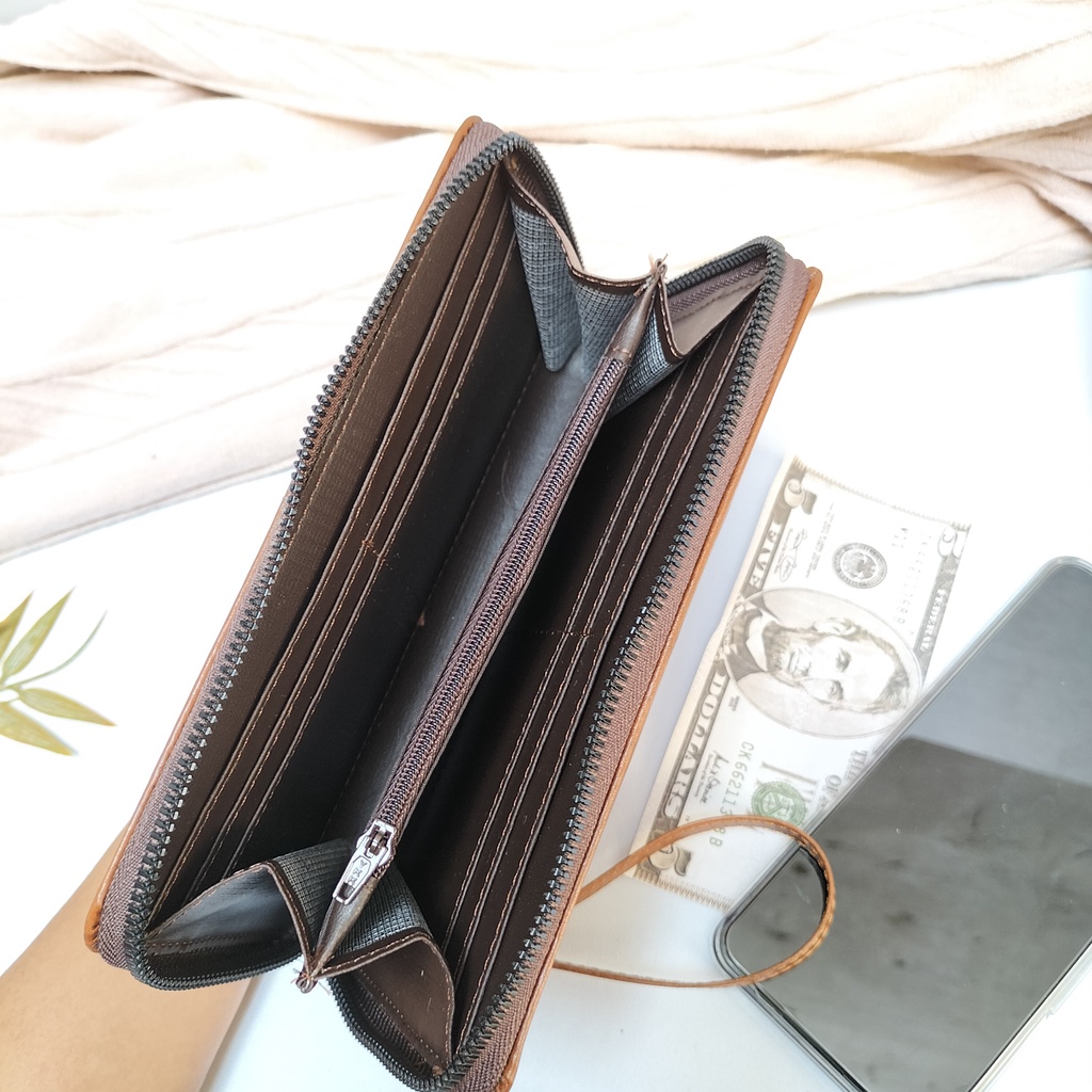 Dompet panjang kulit sintetis dompet besar tempat HP dan kartu dompet wanita polos korea