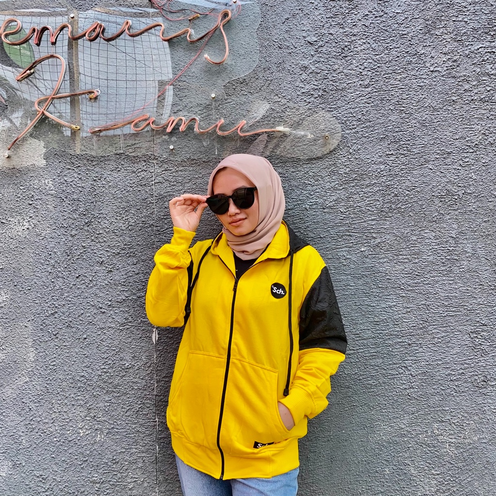 Jaket Sweater Zipper Bordir Kombinasi Qwilting YELLOW S C H