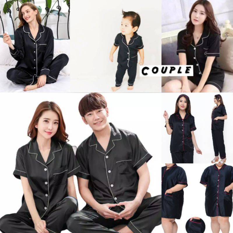 piyama polos satin hitam /black bisa couple keluarga