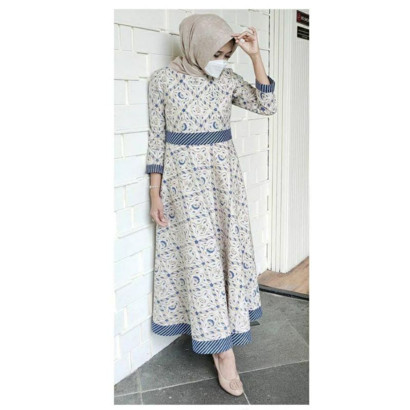 Gamis Batik Wanita Modern Dress Batik Muslimah Asli Solo Bahan Katun Lengan Panjang Model Kekinian