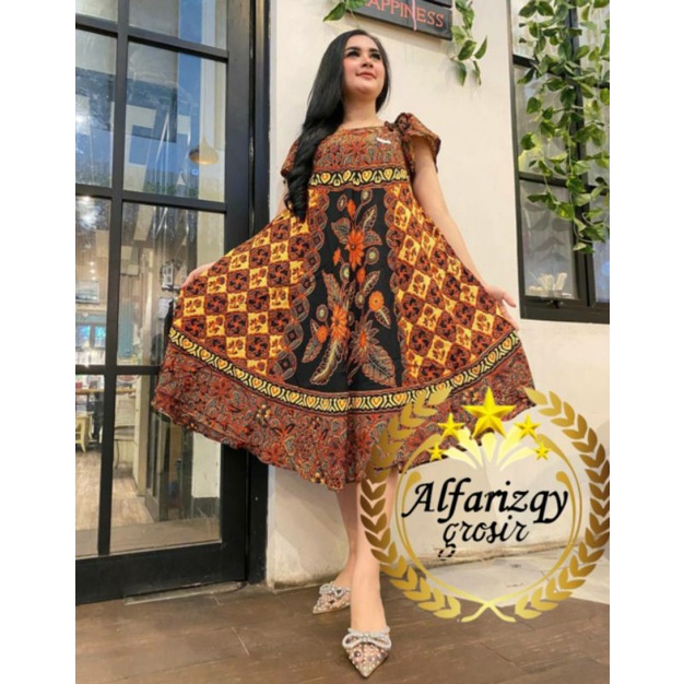 Daster payung daster serut motif batik monokrom bahan rayon premium daster kekinian dress wanita piyama dan baju tidur warna latte