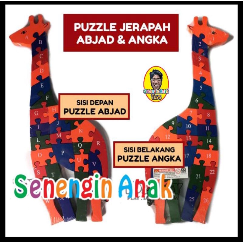 Puzzle Balok Kayu Jerapah Angka dan Huruf bongkar pasang Murah - SenenginAnak
