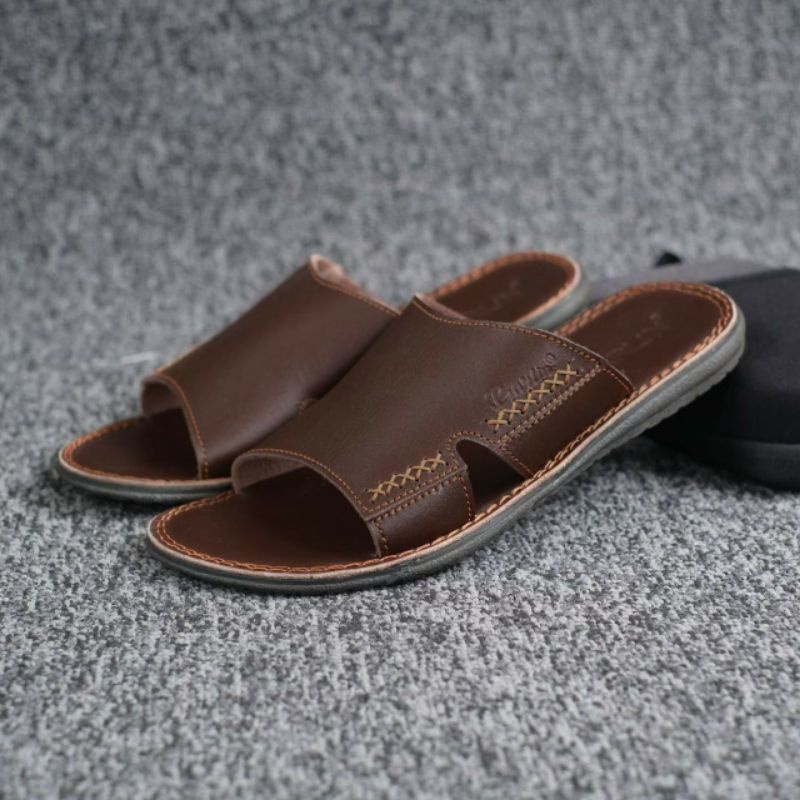 BRLN 001 Brown Sandal Pria Keren Kulit Asli Sendal Slide Casual Santai Main Original Full Leather