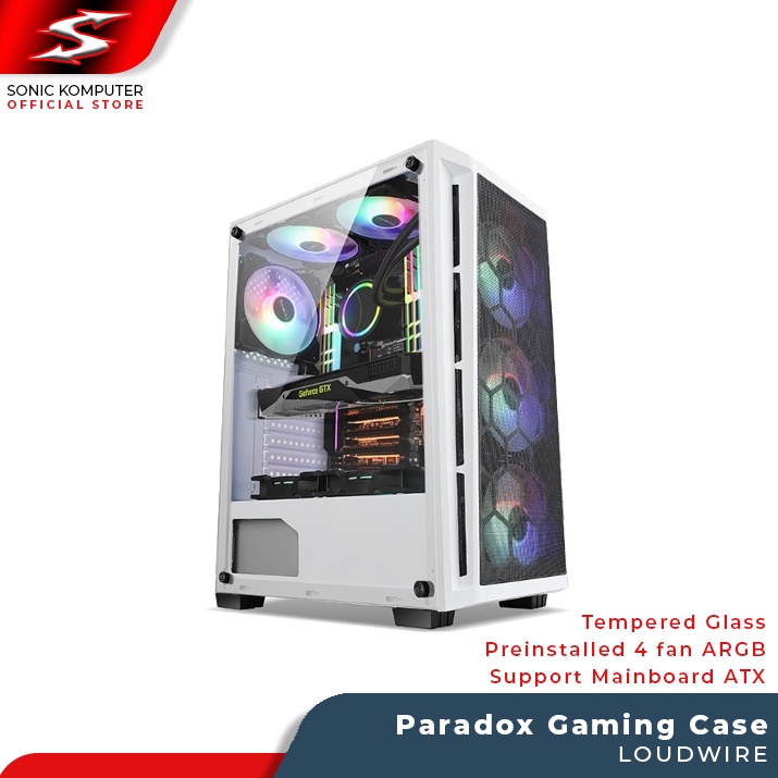 Paradox Gaming Case LOUDWIRE White Casing Komputer PC Tempered Glass