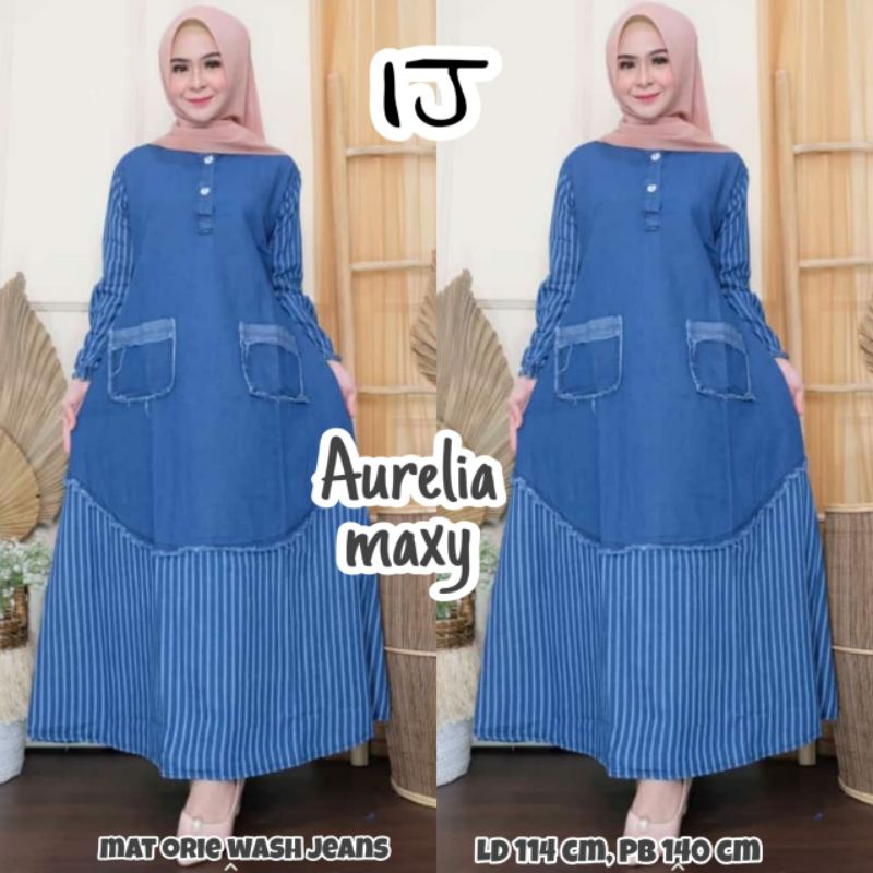 Gamis Jeans Jumbo Wanita Motif Kombinasi Salur