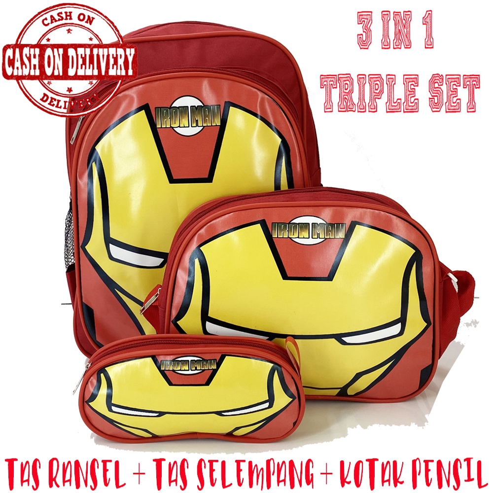 COD ~ 3IN1 Tas Ransel + Lunch Bag + Kotak pensil / Tas Sekolah anak 3in1 KARAKTER tas anak cowo cewe  TAS RANSEL sekolah tas import tas sekolah anak tas lunch bag tas kotak pensil / Tas Beranak / kado anak helo kity spiderman ironman LOL frozen batman