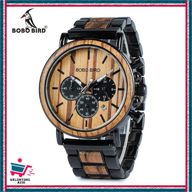 Jam Tangan Kayu Unik Pria Bobo Bird P09 Fitur Date Chrono Case Stainless Steel