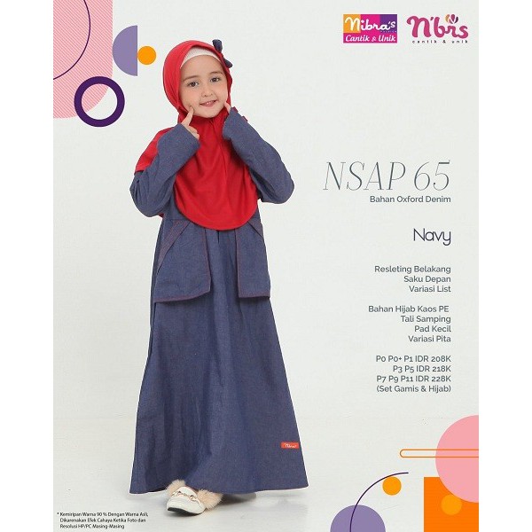 PROMO GAMIS ANAK NIBRAS NSAP 65 NAVY BAJU BUSANA MUSLIM DRESS ANAK PEREMPUAN SET HIJAB WARNA BIRU DO