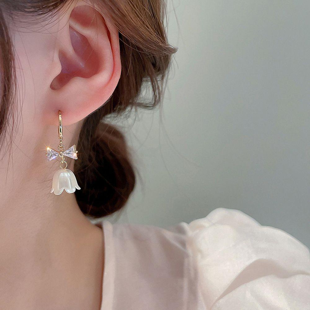 Needway Wanita Anting Hoop Trendi Untuk Perempuan Bunga Busur Zirkon Kristal Menjuntai Drop Earrings