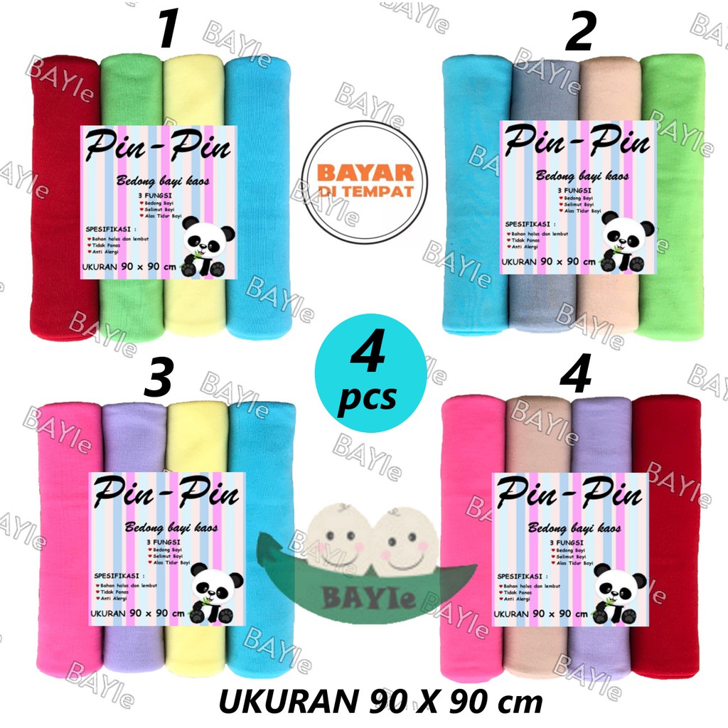 BAYIe - 4 Pcs Bedong Bayi Kaos PIN-PIN Multiwarna Size 90x90 cm/Selimut Bayi/Alas bayi/Alas kereta