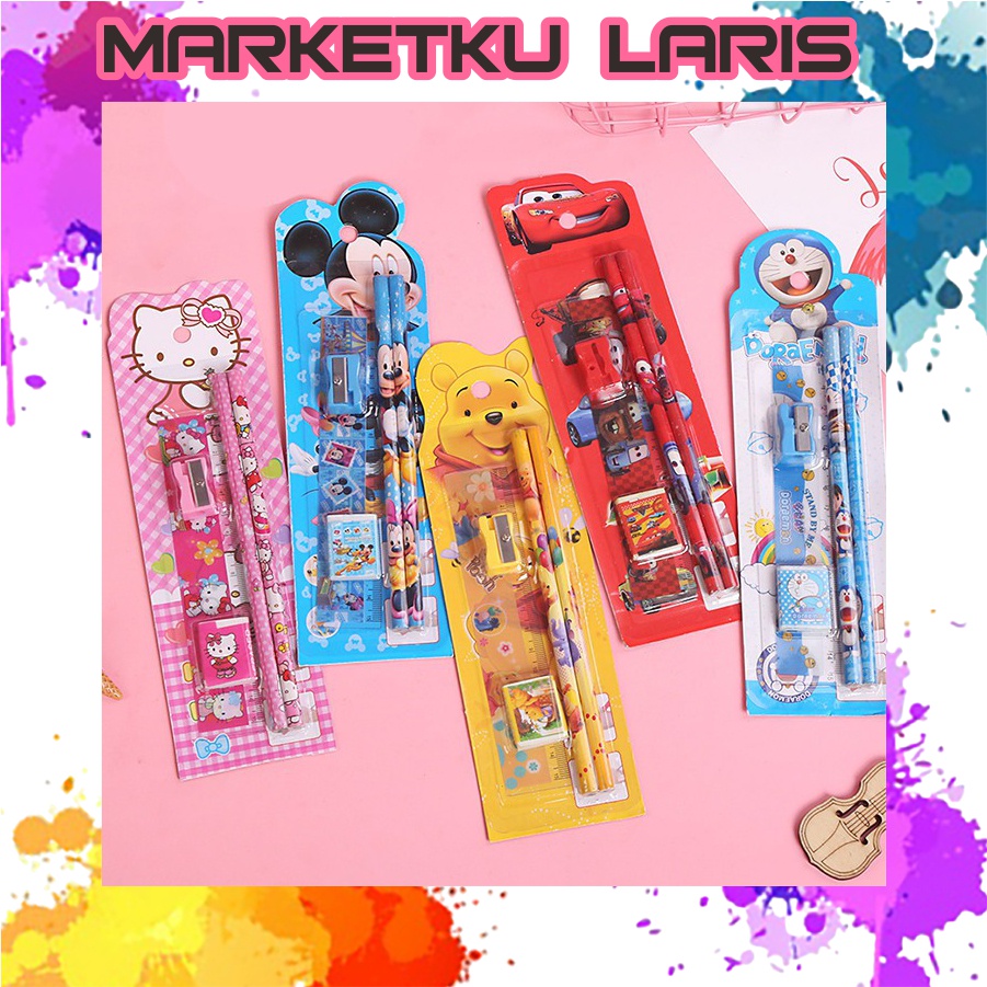 

MKL - Stationery Set 5 in 1 Alat Tulis Anak Sekolah Penghapus penggaris Pensil Serutan Karakter Lucu Import S004