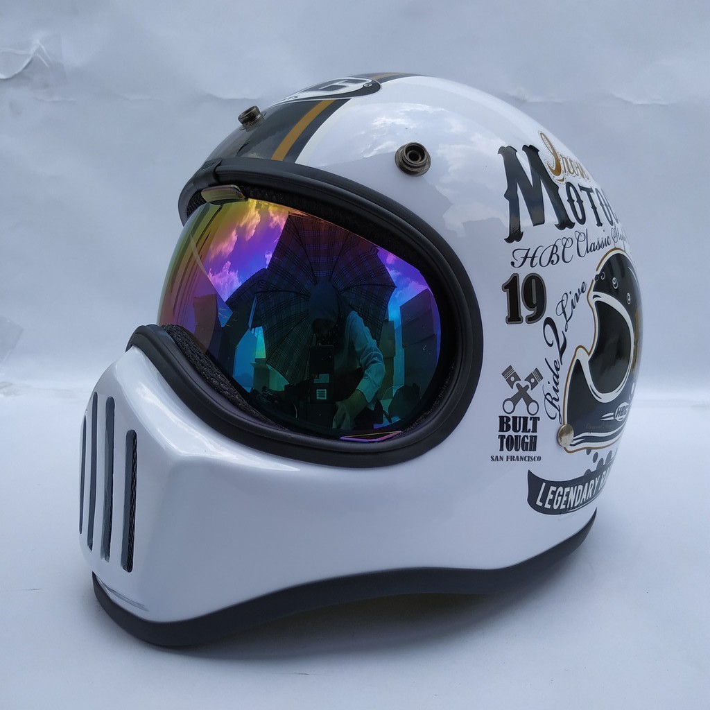 Helm Cakil HBC Just Ride White + Inner Visor ( Fullface / Retro / Klasik / Vespa )