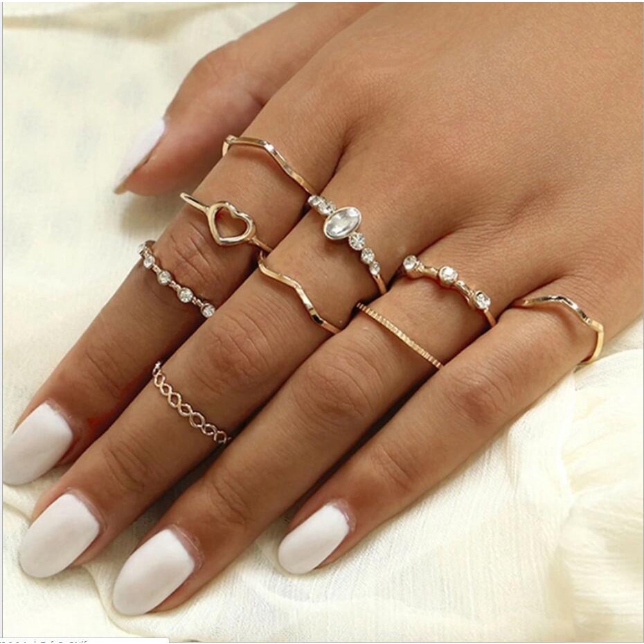 9pcs/set European American Vintage Style Gold All Match Open Adjustable Alloy Women Ring for Girlfriend Gift