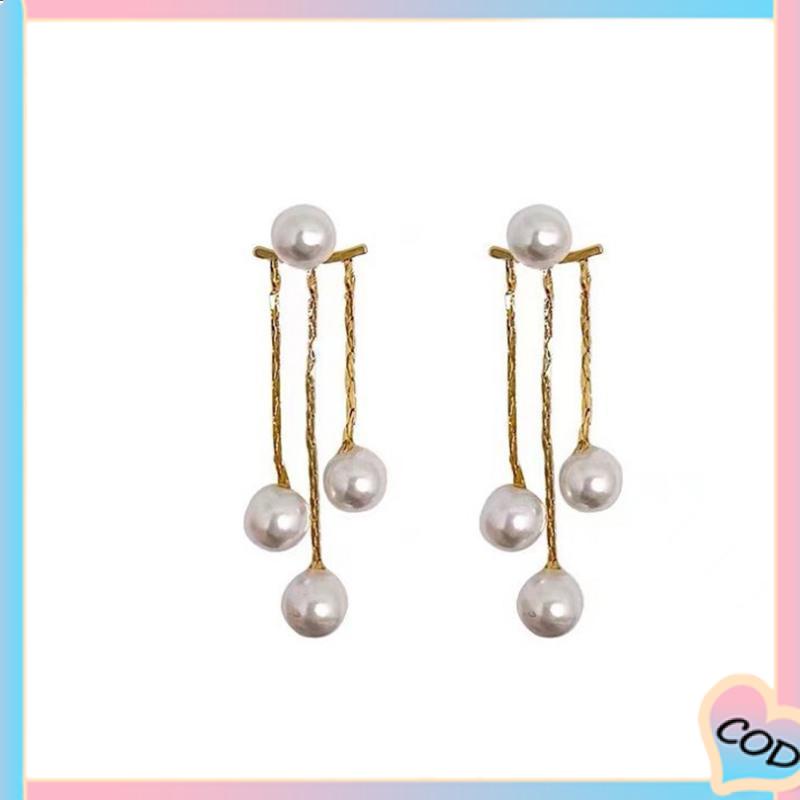 COD❤️ Pearl Back Hanging Silver Needle Earrings Temperamen All-Match Anting Wanita Halus-A.one