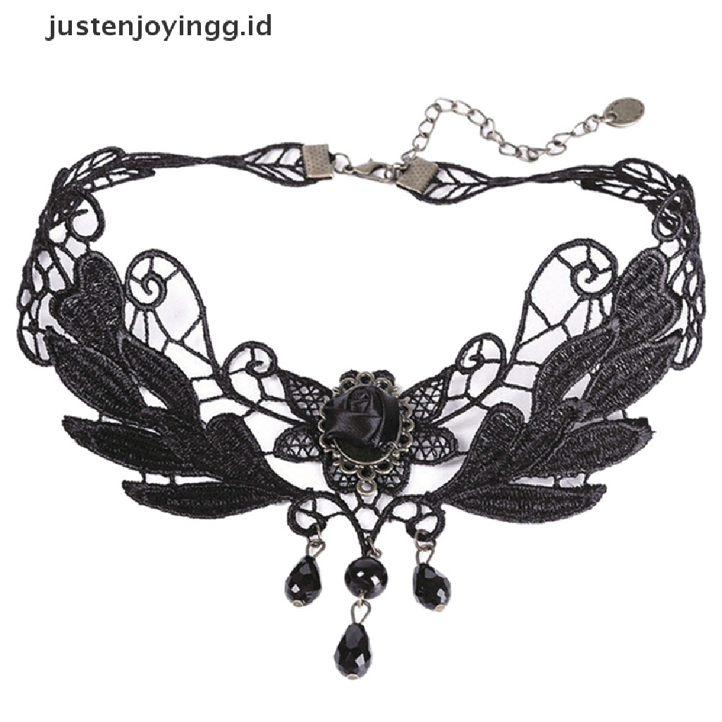 Kalung Choker Liontin Manik-Manik Mawar Hitam Bahan Lace Untuk Wanita