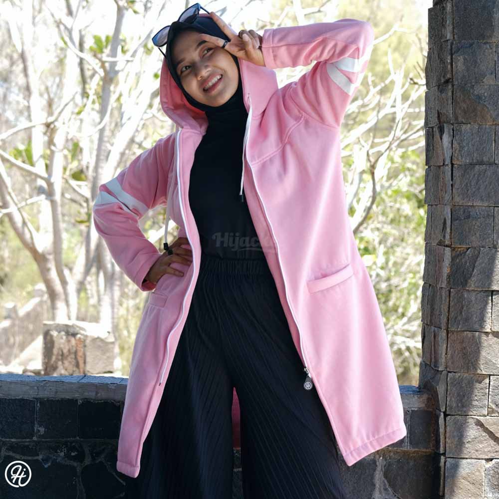 Jacket Jaket Hijabers Wanita Cewek Cewe Muslimah Hijaket Panjang Hoodie Hijacket Hoody BX Baby Pink-2