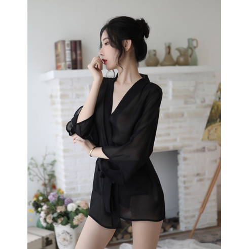 Female Summer Sexy Lingerie Chiffon Transparent Shirt Pajamas Nightdress Uniform Temptation Sexy Shirt Adult Home Service