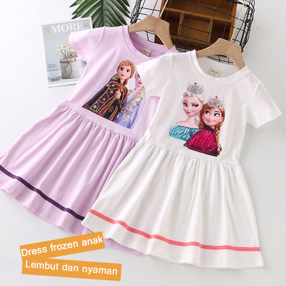 Forzen Dress Anak Perempuan Elsa Lengan Pendek Katun Disney Motif Kartun Karakter Import