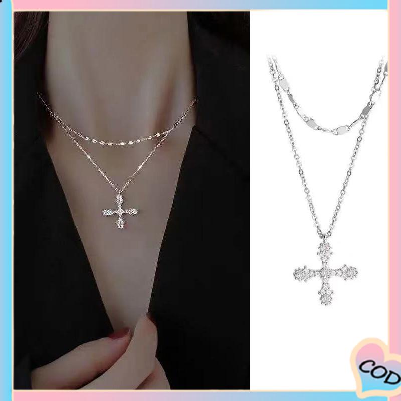 COD❤️ Hip Hop Cross Double Layer Necklace Feminin Fashion Micro Inlaid Zircon Pendant-A.one