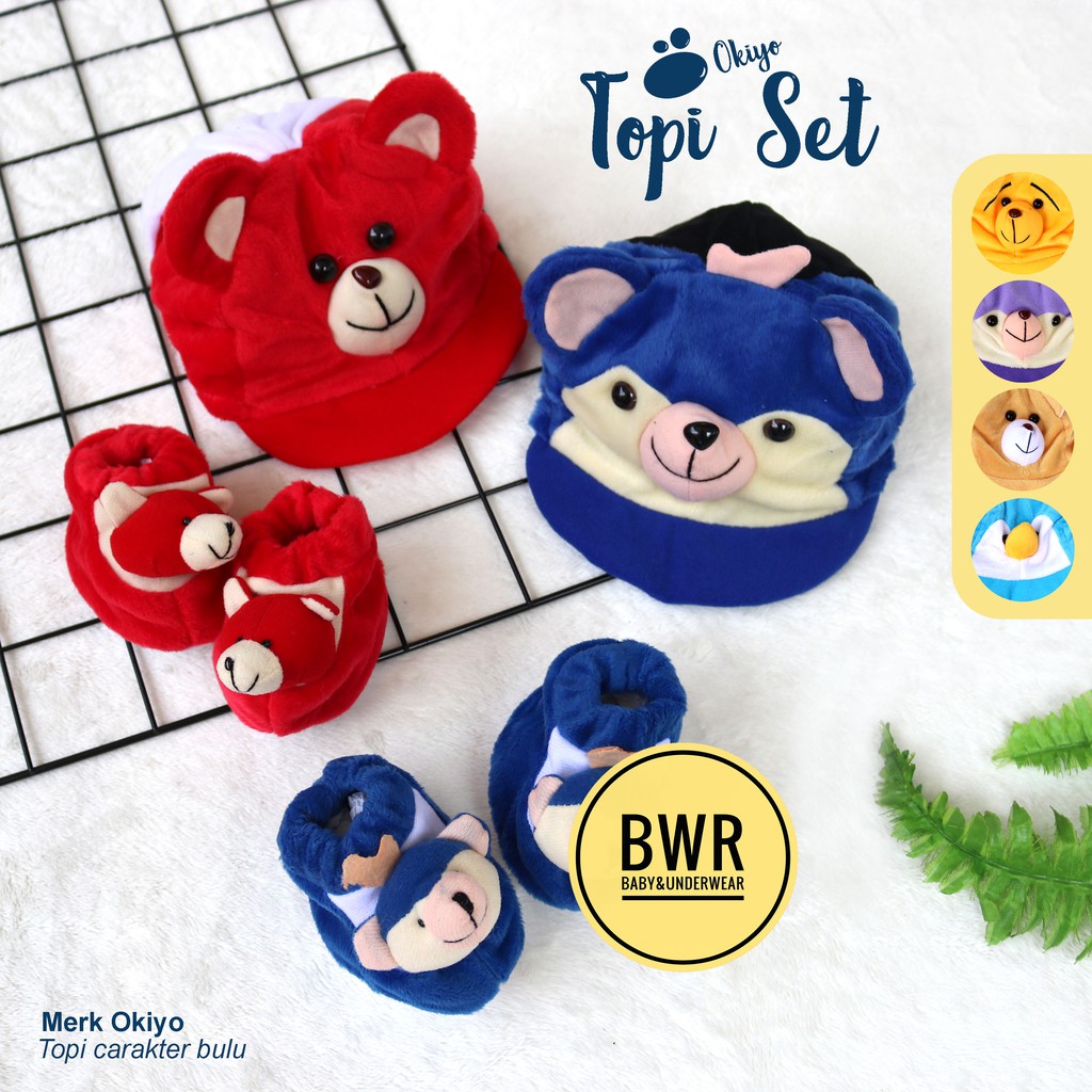 Topi Set Bulu OKIYO Character | 0-3 Bulan Topi Bayi Kaos Kaki Newborn Bulu Motif Pet - Bwr IX