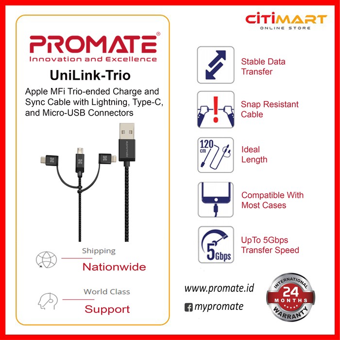 Promate UniLink-Trio Apple MFi Trio-ended Charge and Sync Cable