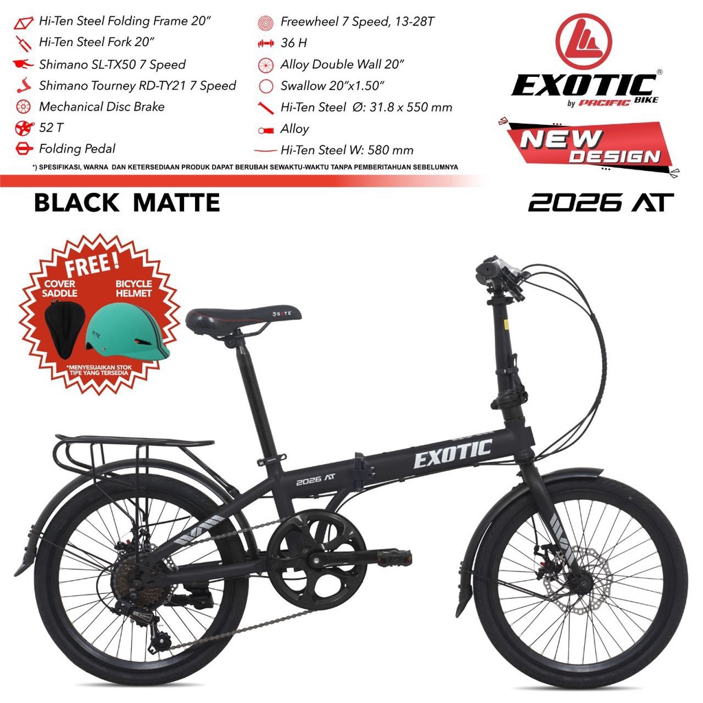 Sepeda Lipat Exotic ET2026 AT Remaja-Dewasa 20 Inci Steel 1x7Sp Mech DB Folding Bike